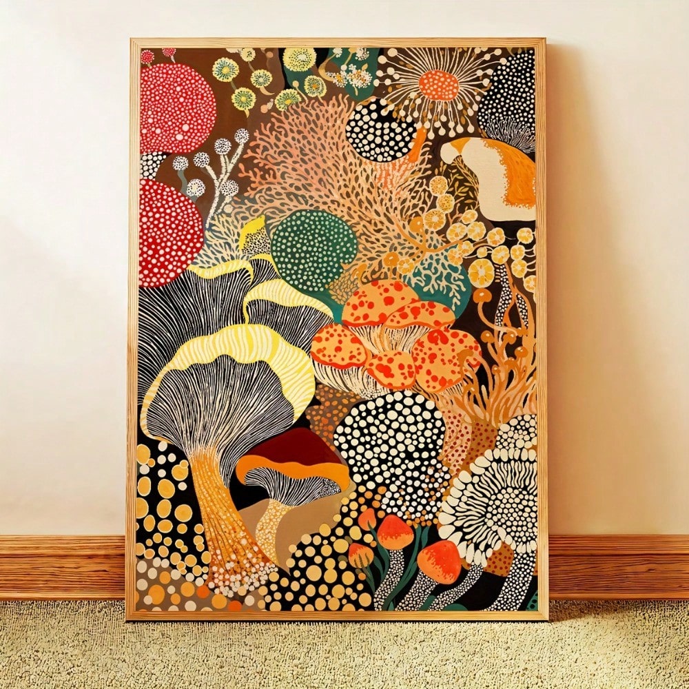 1pc Yayoi Kusama Inspired Mushroom Canvas Art Modern Abstract Botanical Poster For Home Office Decor