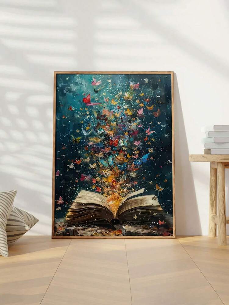 Abstract Butterfly Explosion Book Page Canvas Wall Art Print – Modern Unframed Poster for Home Office Reading Room Decor