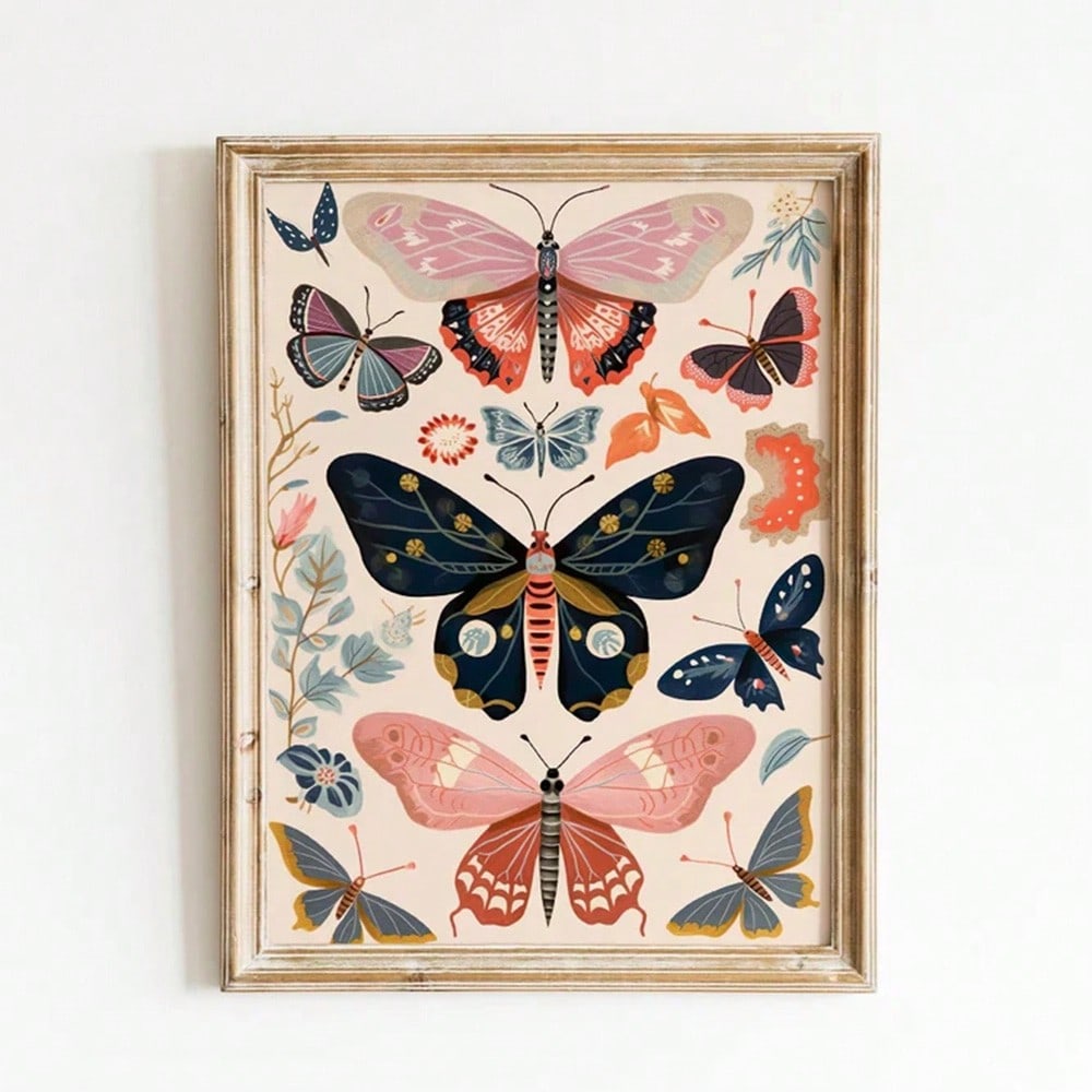 Boho Butterfly Floral Canvas Wall Art Print – Retro Aesthetic Botanical Unframed Poster for Bedroom Living Room Modern Home Decoration