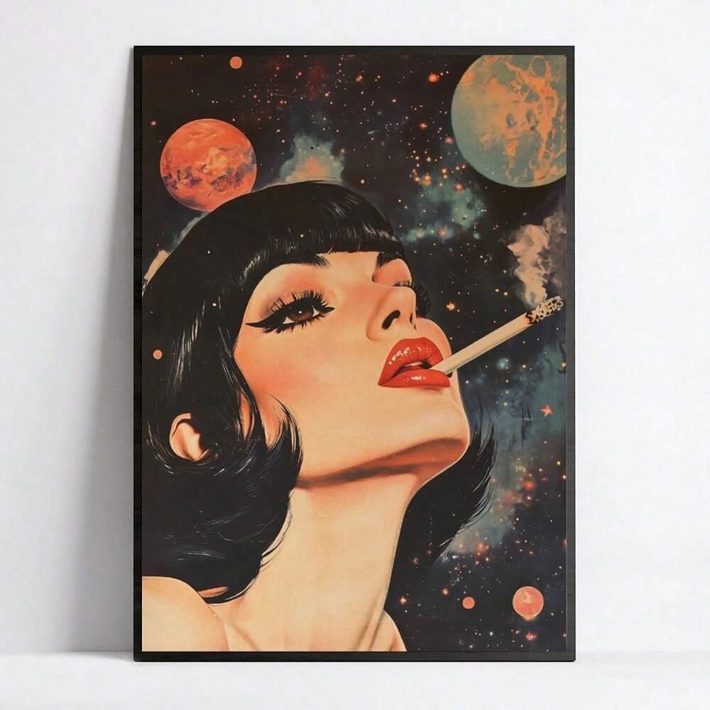 1pc Vintage Space Smoking Woman Canvas Poster Retro Sci-Fi Wall Art For Home Office Bedroom Living Room Decor