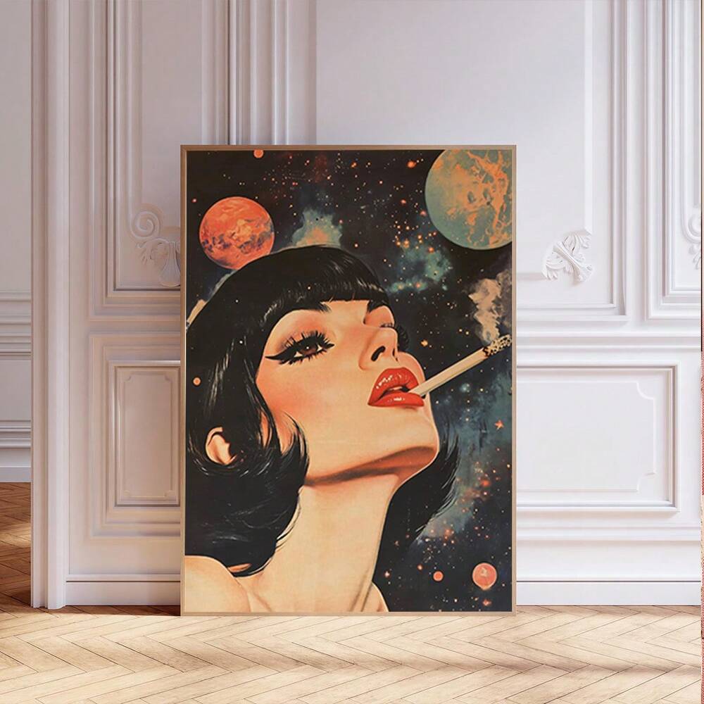 1pc Vintage Space Smoking Woman Canvas Poster Retro Sci-Fi Wall Art For Home Office Bedroom Living Room Decor