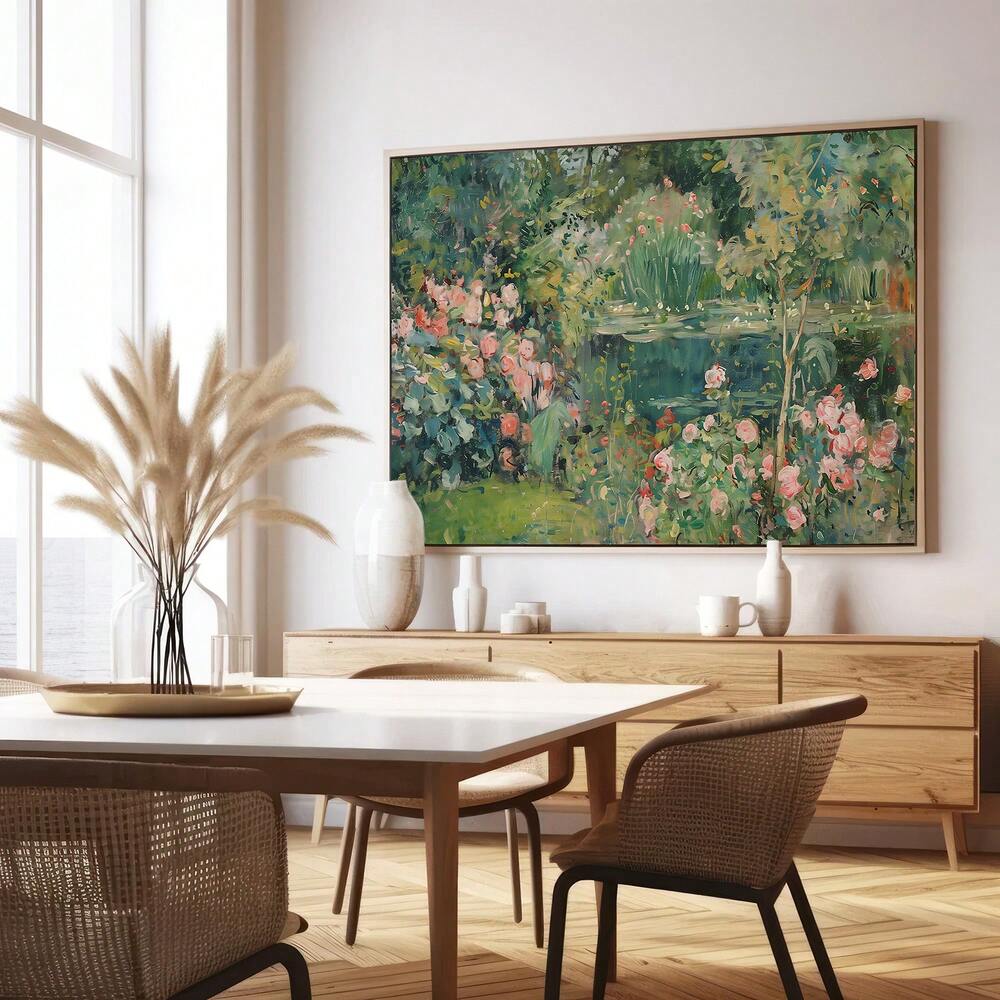 1pc Vintage Garden Pond Painting Abstract Botanical Landscape Wall Art Green Impressionist Decor