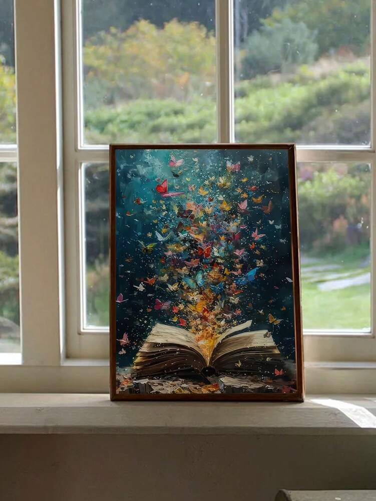 Abstract Butterfly Explosion Book Page Canvas Wall Art Print – Modern Unframed Poster for Home Office Reading Room Decor