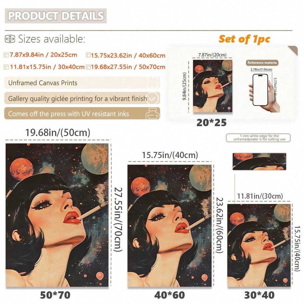 1pc Vintage Space Smoking Woman Canvas Poster Retro Sci-Fi Wall Art For Home Office Bedroom Living Room Decor