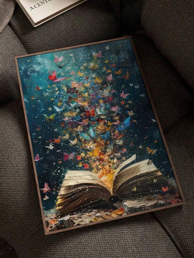 Abstract Butterfly Explosion Book Page Canvas Wall Art Print – Modern Unframed Poster for Home Office Reading Room Decor