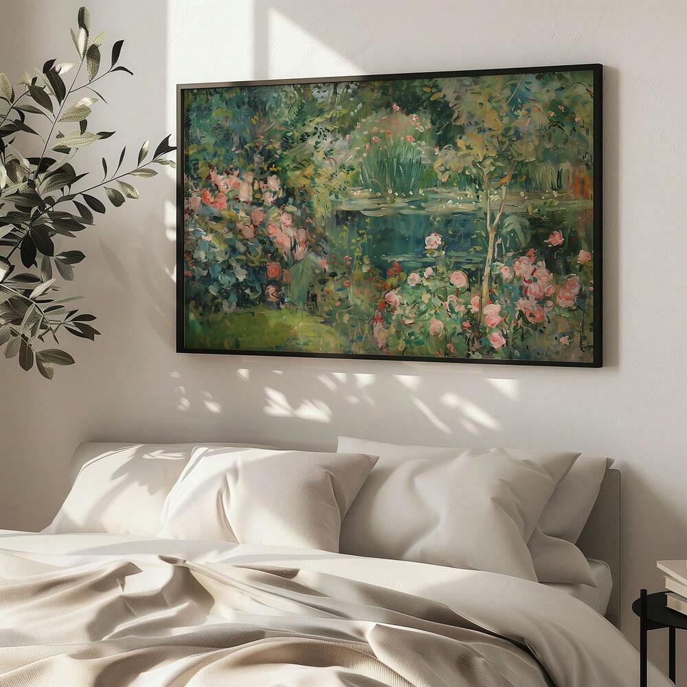 1pc Vintage Garden Pond Painting Abstract Botanical Landscape Wall Art Green Impressionist Decor