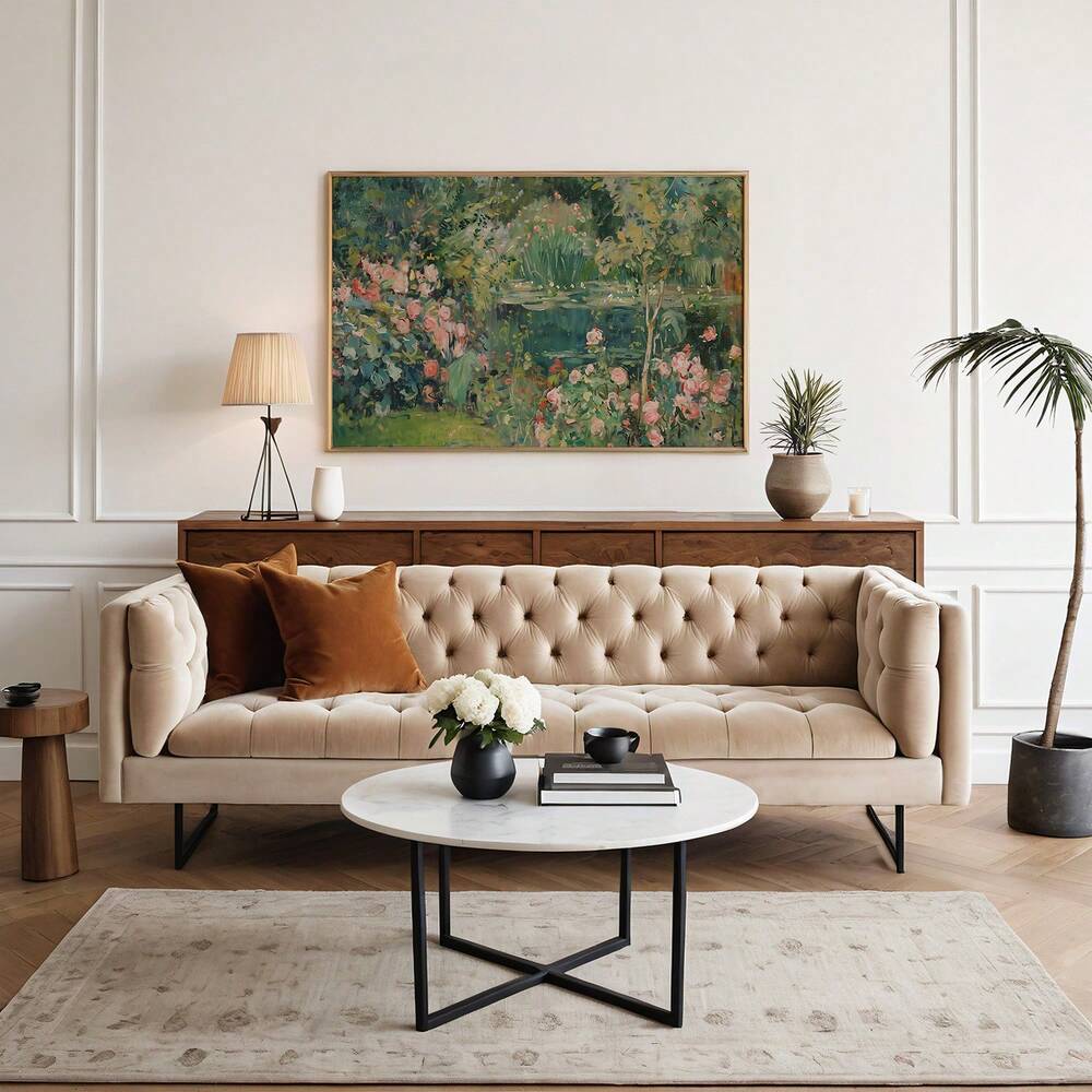 1pc Vintage Garden Pond Painting Abstract Botanical Landscape Wall Art Green Impressionist Decor