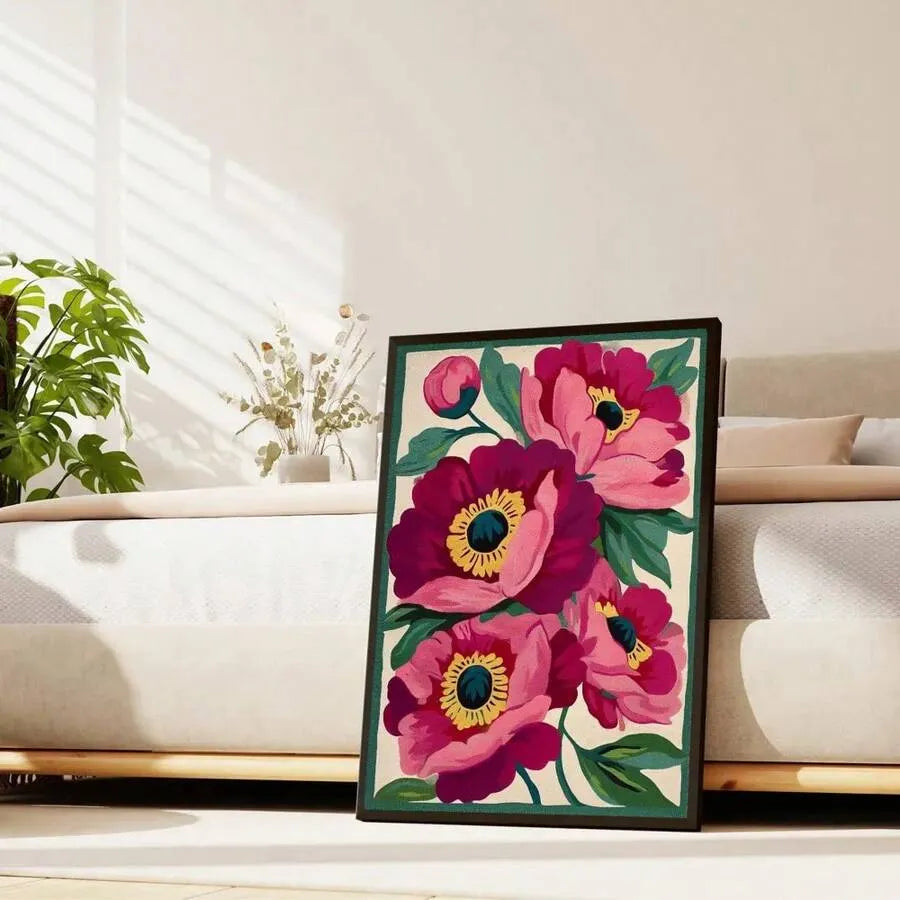 Boho Botanical Pink Peonies Canvas Wall Art Print – Unframed Minimalist Abstract Floral Vintage Poster for Office Living Room Bedroom Dorm Decor
