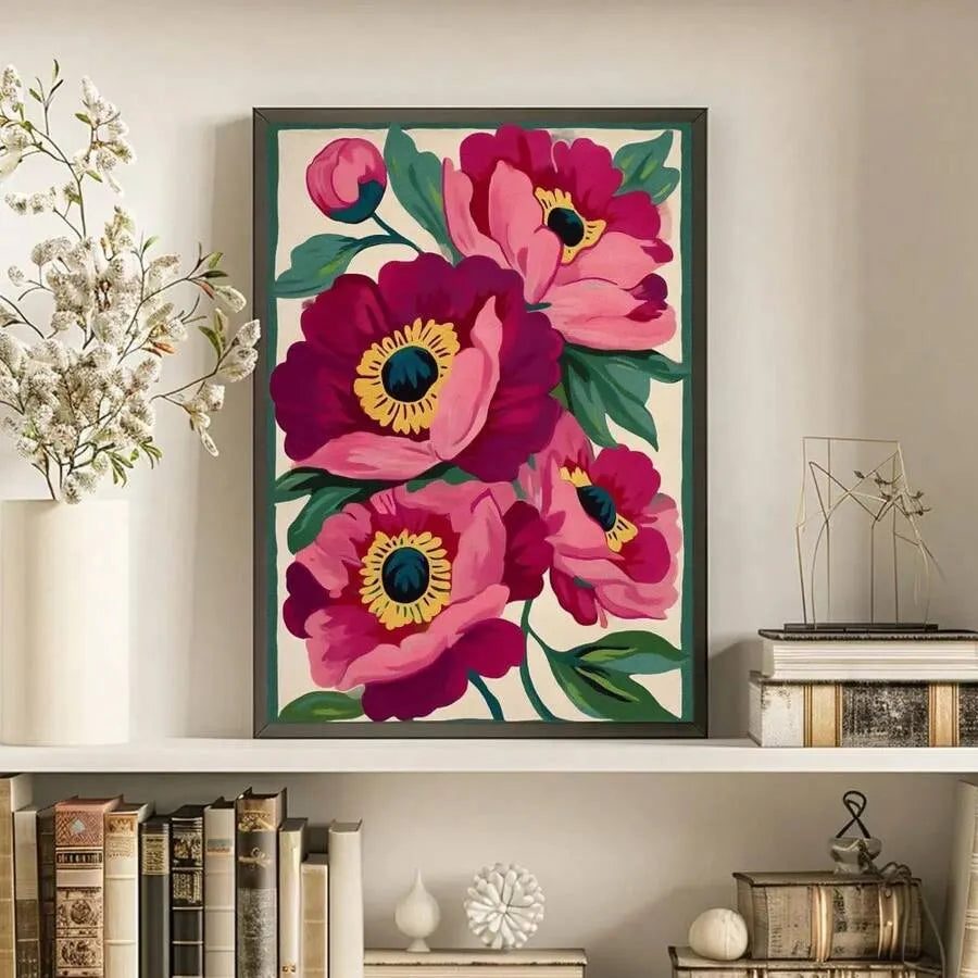 Boho Botanical Pink Peonies Canvas Wall Art Print – Unframed Minimalist Abstract Floral Vintage Poster for Office Living Room Bedroom Dorm Decor